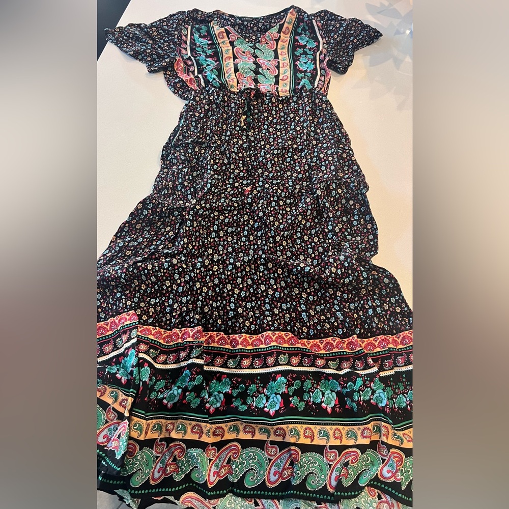 Zesica Maxi Boho Dress Black Floral Paisley Print Tied Waist Women's‎ Medium - Picture 6 of 7